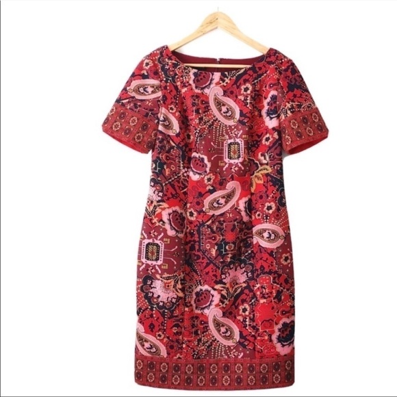 Talbots red paisley print ponte lined sheath dress 10P - Picture 1 of 8